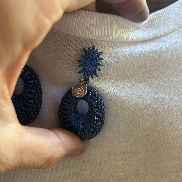 Angelique de Paris Blue Spinel and Shagreen Post Statement Earrings RARE - Picture 2 of 3
